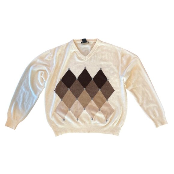 Men’s 100% Cashmere Cream Brown Argyle V-Neck Grandpacore Sweater - Picture 3 of 9